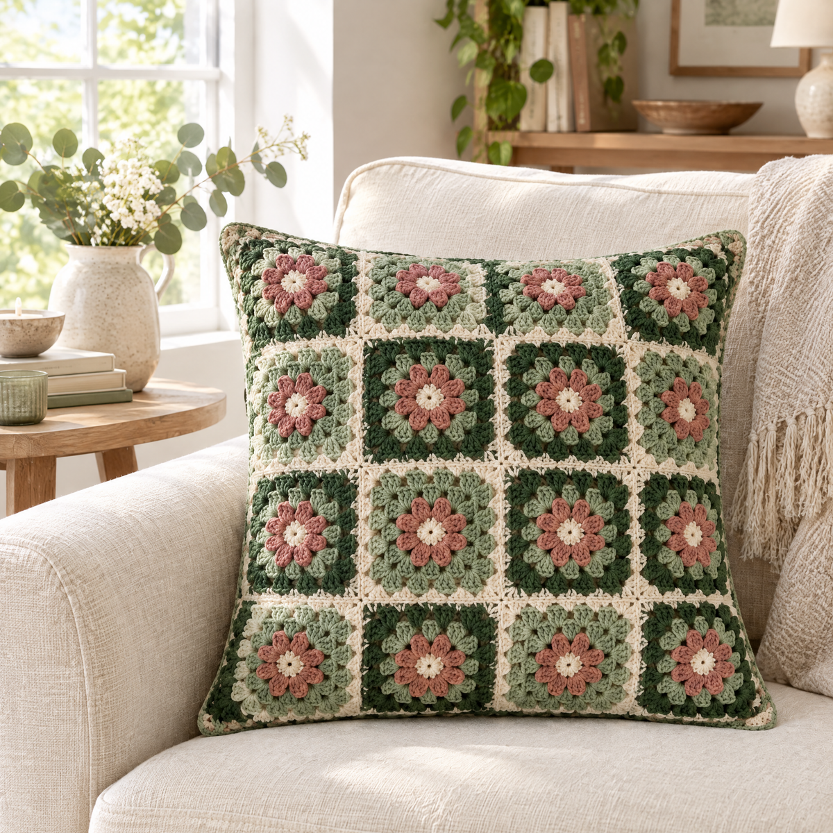 Meadow Grid Cushion Cover crochet design styled at home