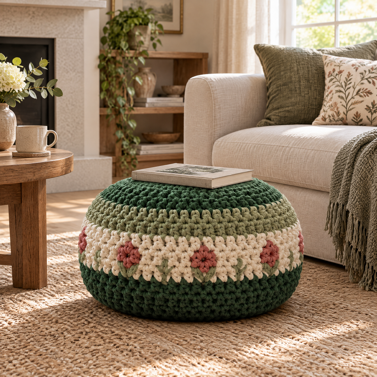 Forest Meadow Crochet Pouf — styled at home