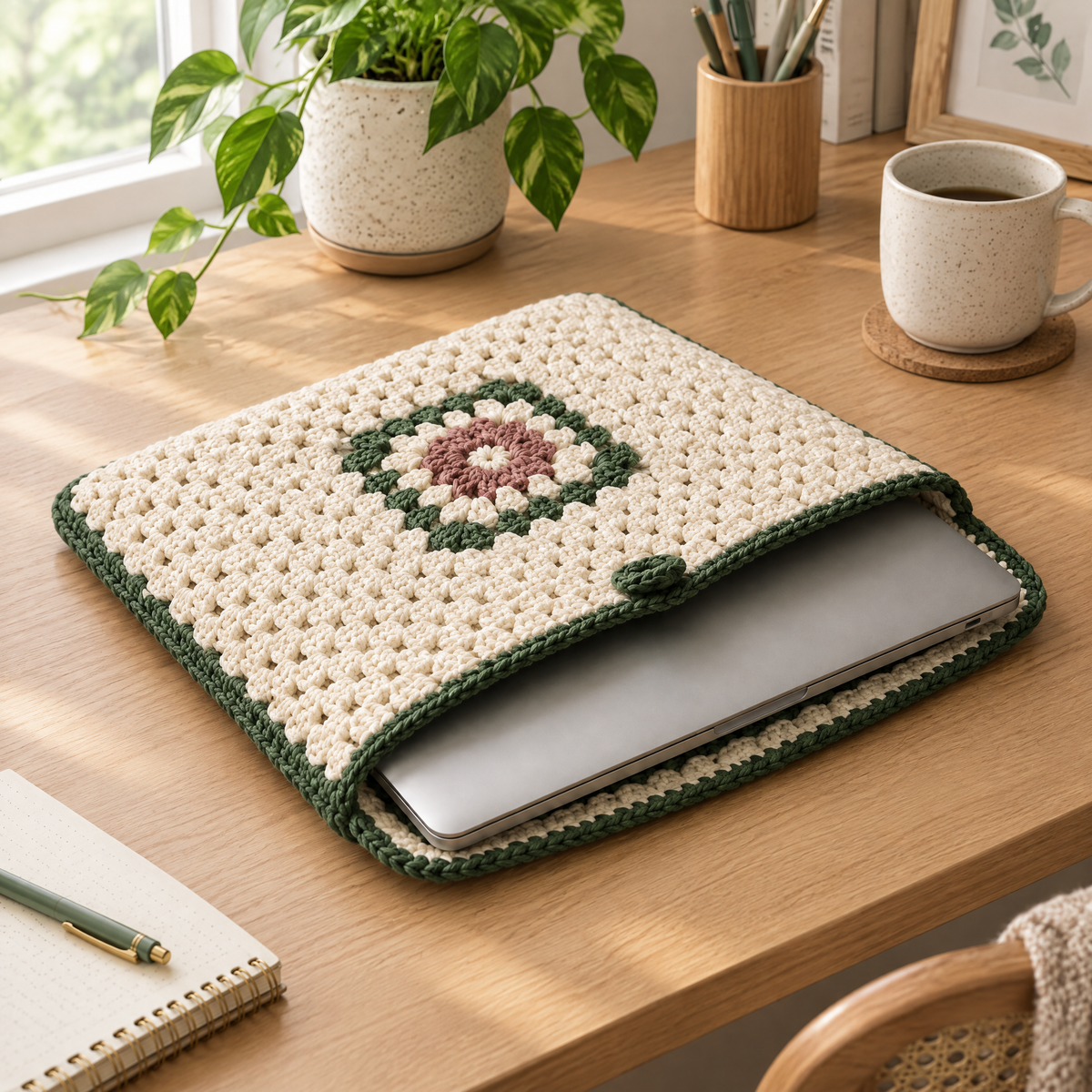 Floral Crochet Laptop Sleeve — styled at home