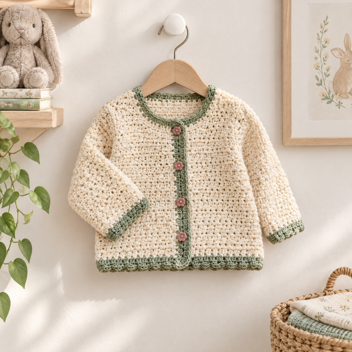 Sage Trim Crochet Baby Cardigan — styled at home