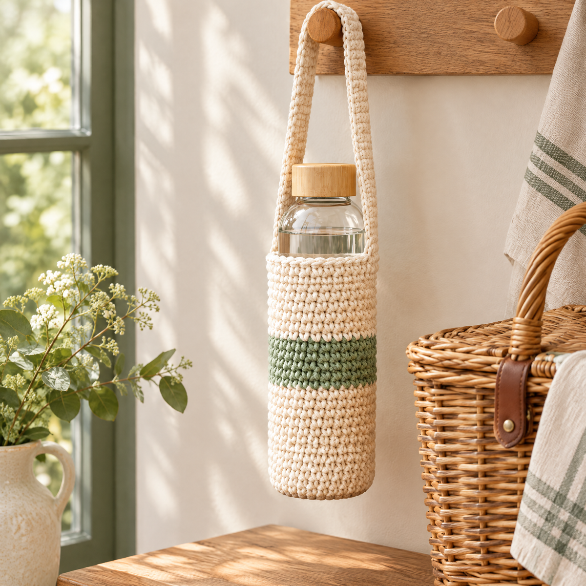 Riverstone Bottle Holder crochet design styled at home