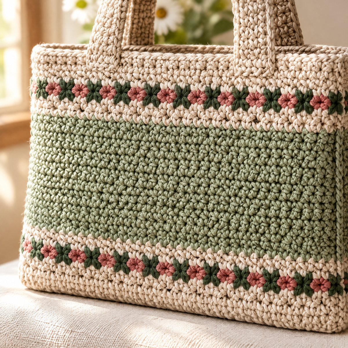 Close-up of the stitches in the Sage Market Tote crochet design