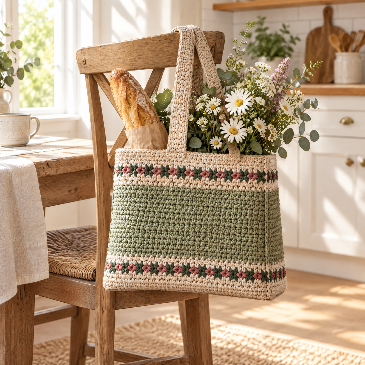 Sage Market Tote crochet design styled at home