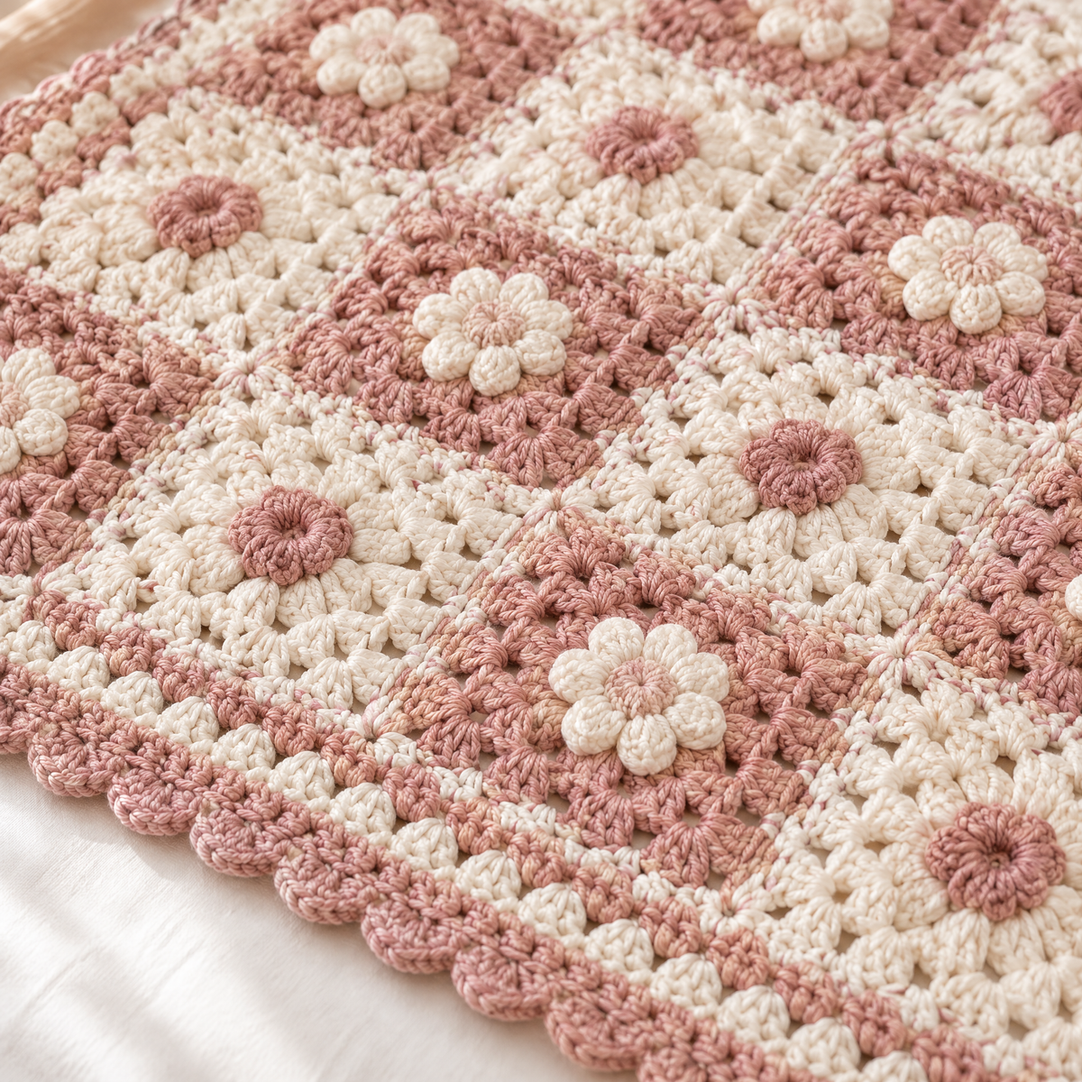 Cottage Rose Crochet Baby Blanket — close-up of the crochet stitches and texture