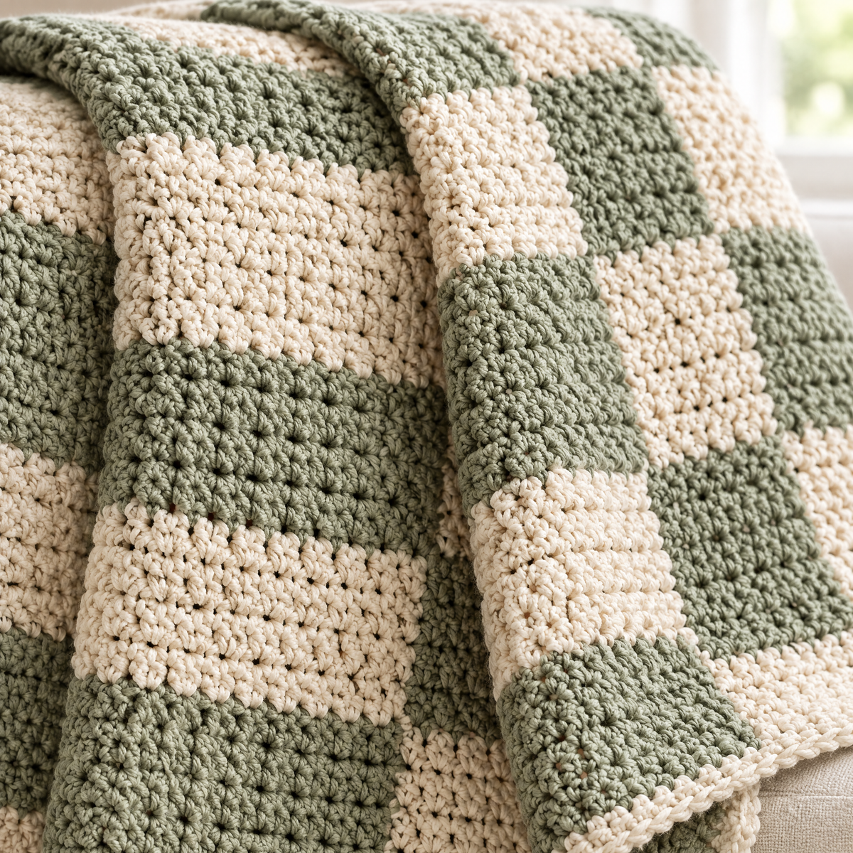 Sage Checkerboard Crochet Throw — close-up of the crochet stitches and texture