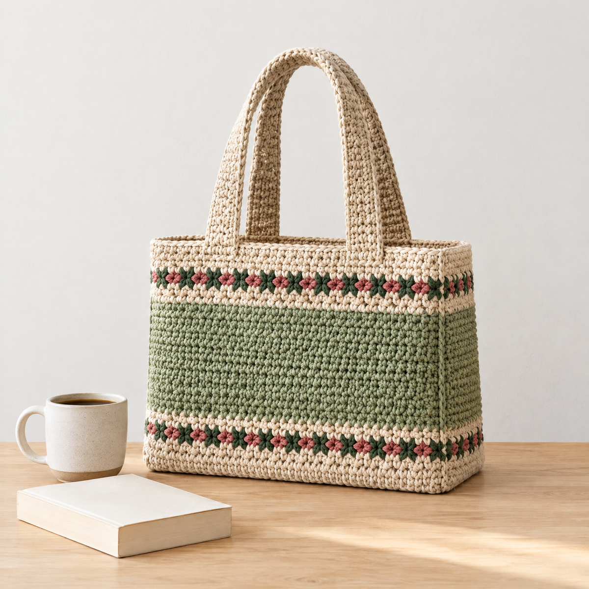 Sage Market Tote crochet design shown next to everyday objects for scale