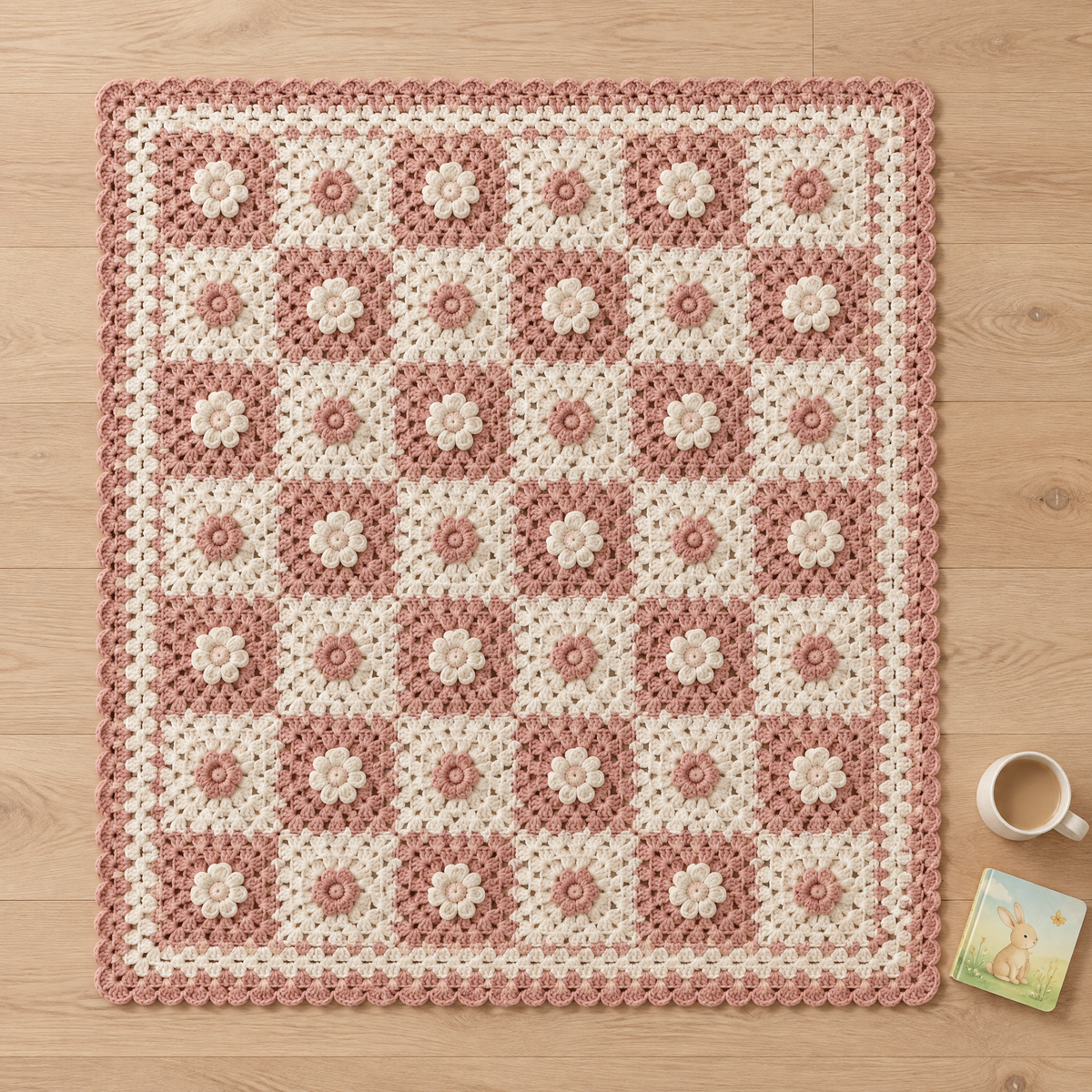 Cottage Rose Crochet Baby Blanket — size reference next to everyday objects