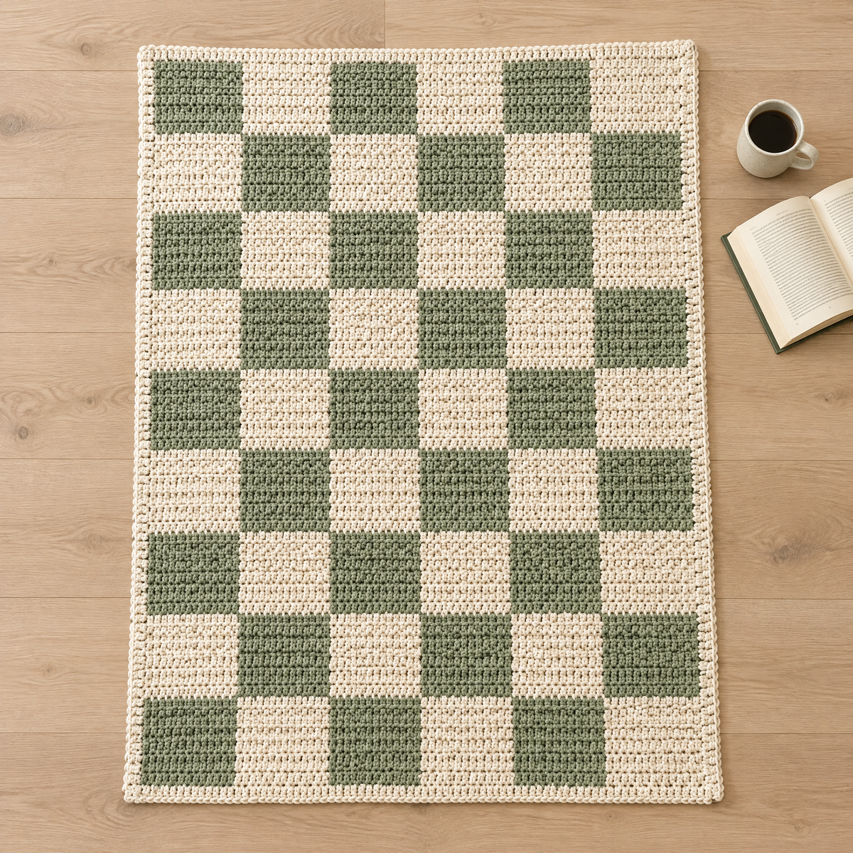 Sage Checkerboard Crochet Throw — size reference next to everyday objects