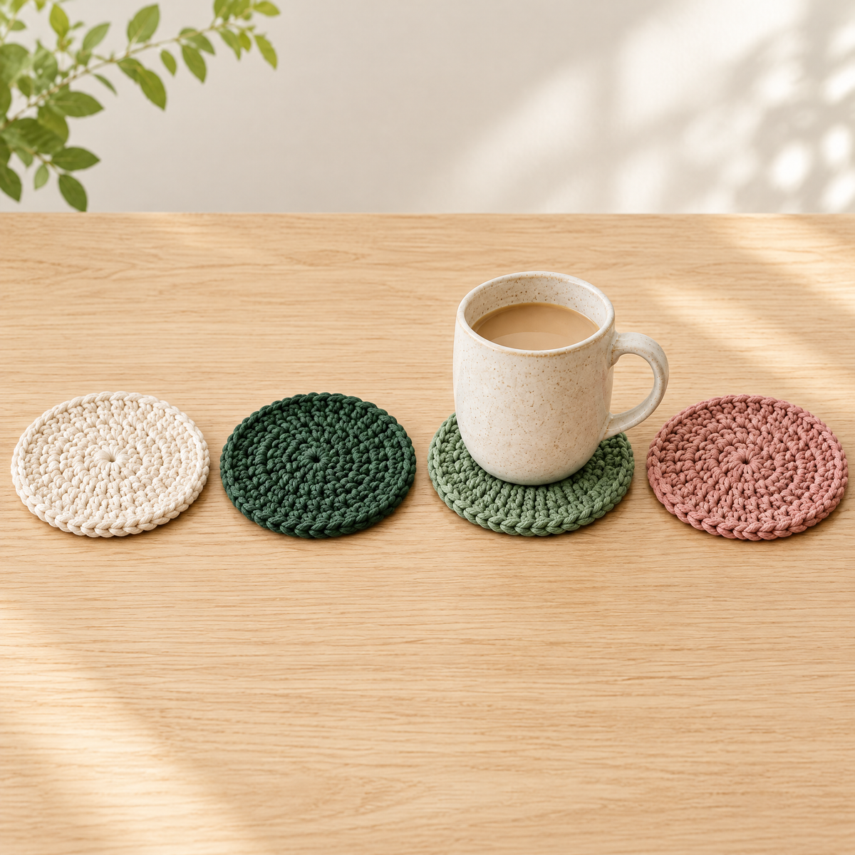 Bloom Crochet Coaster Set — size reference next to everyday objects