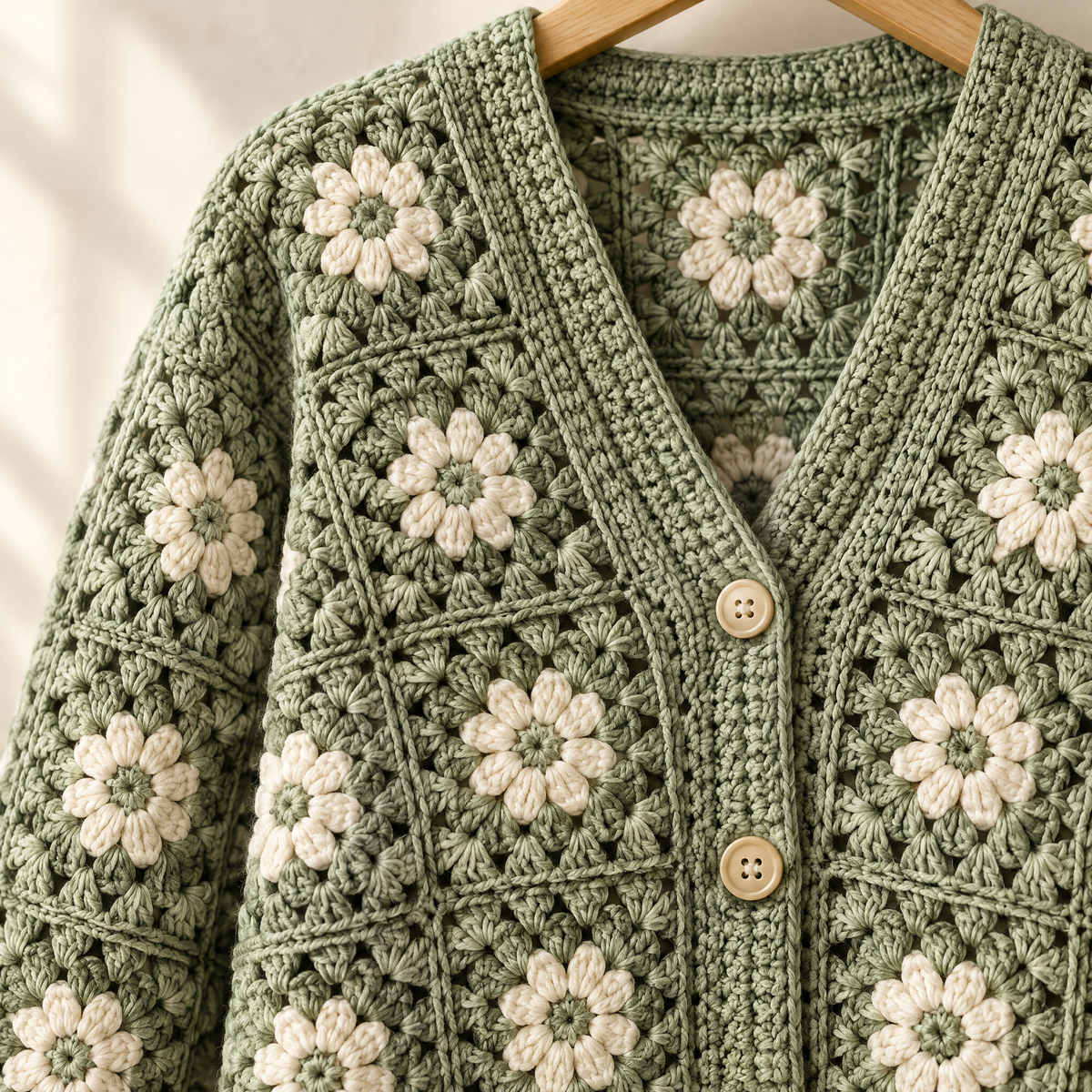 Meadow Floral Crochet Cardigan — close-up of the crochet stitches and texture