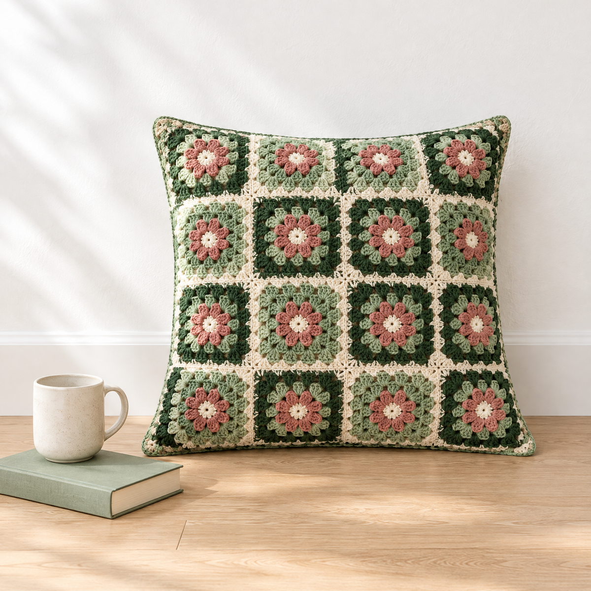 Botanical Granny Square Cushion Cover — size reference next to everyday objects
