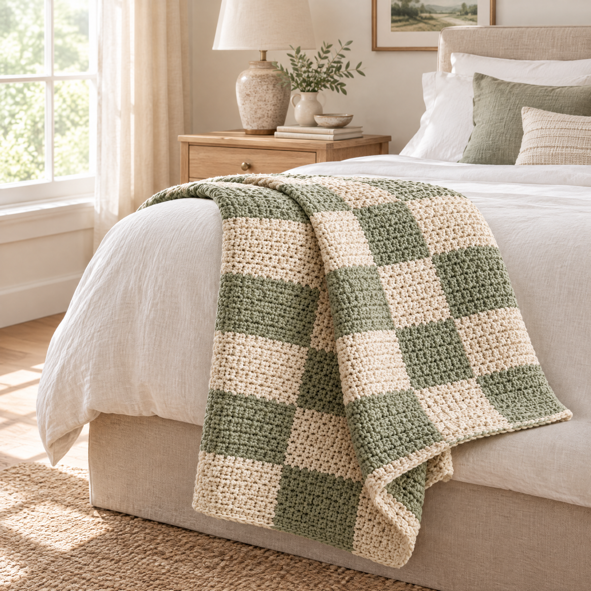 Sage Checkerboard Crochet Throw — styled at home