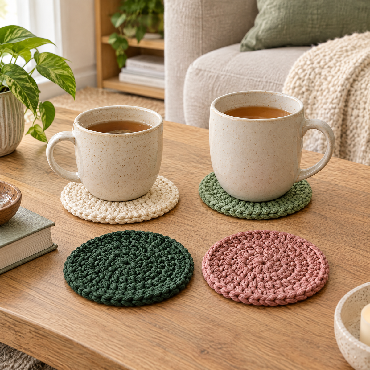 Wildflower Coaster Trio crochet design styled at home
