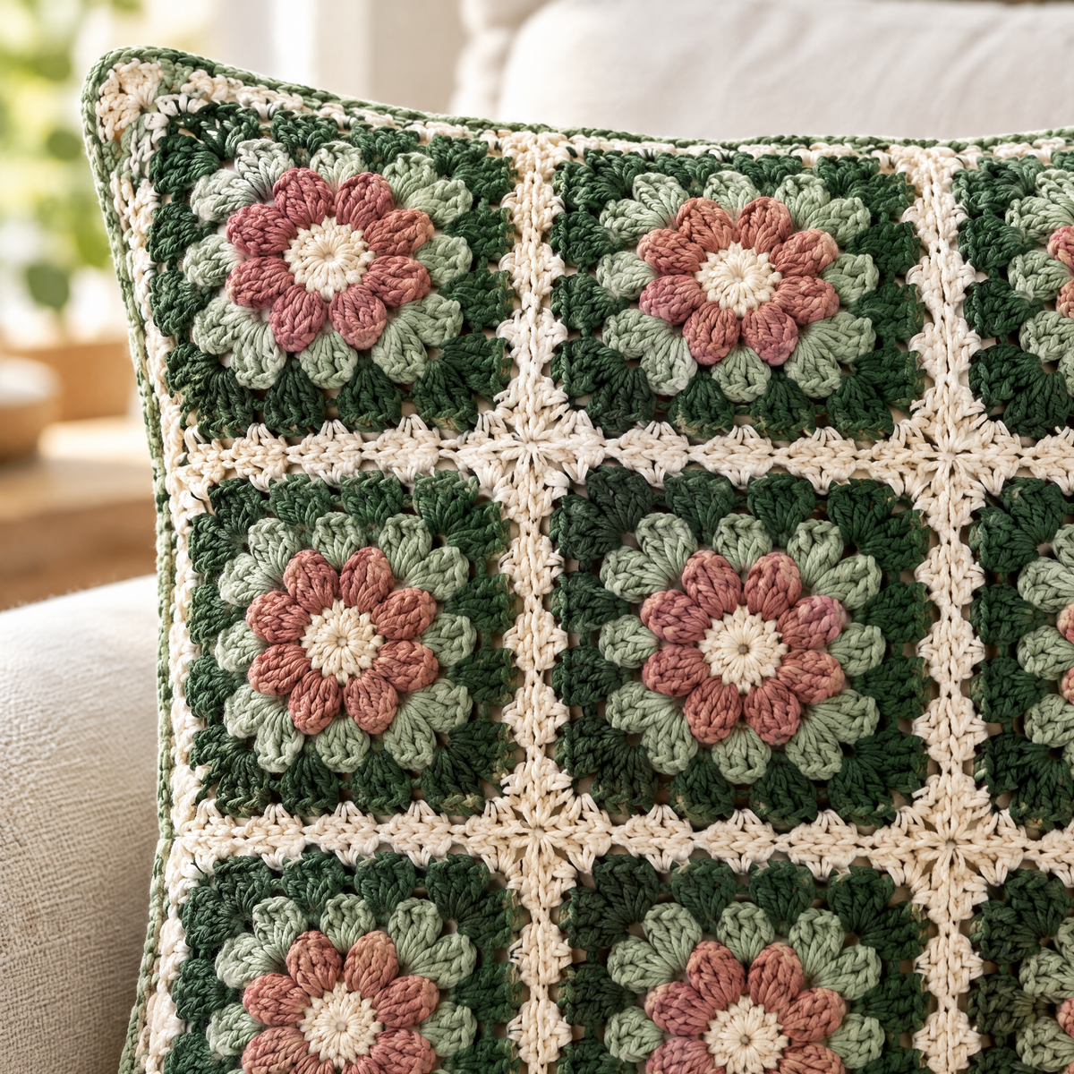 Botanical Granny Square Cushion Cover — close-up of the crochet stitches and texture