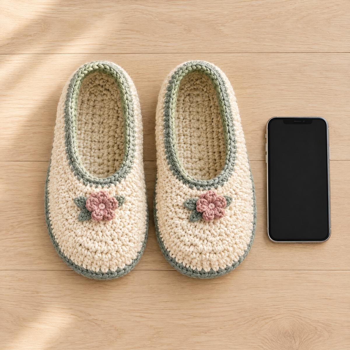 Daisy Crochet House Slippers — size reference next to everyday objects