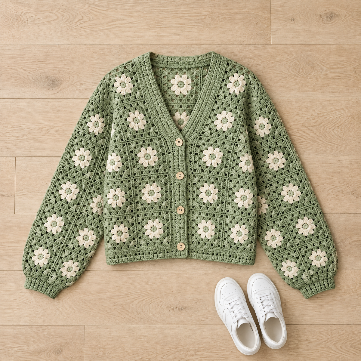 Meadow Floral Crochet Cardigan — size reference next to everyday objects