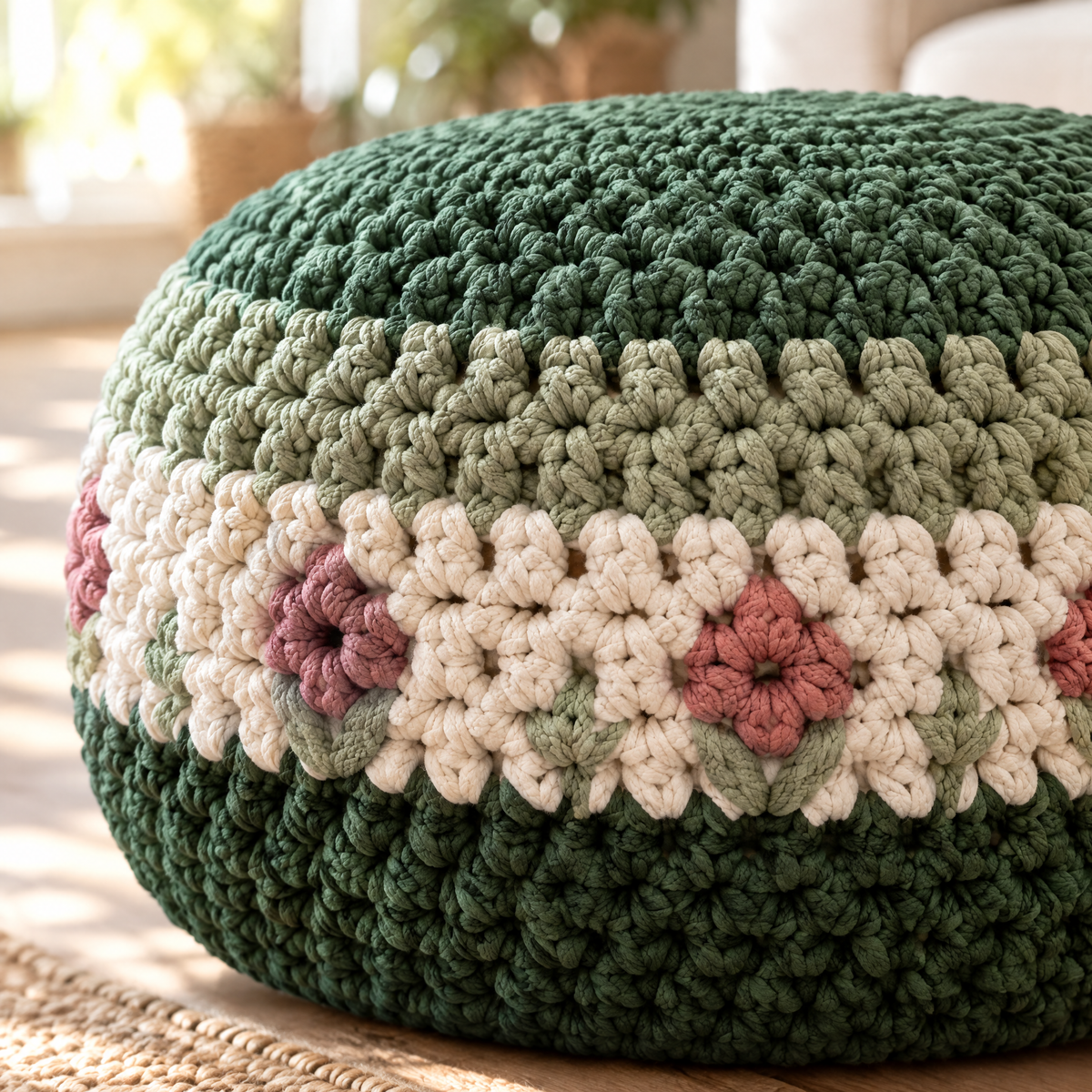 Forest Meadow Crochet Pouf — close-up of the crochet stitches and texture