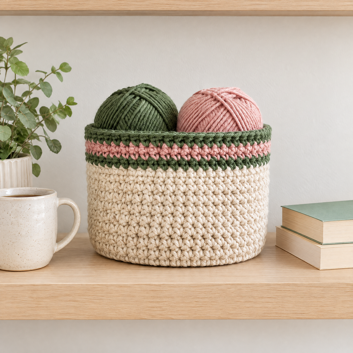 Clover Storage Basket crochet design shown next to everyday objects for scale
