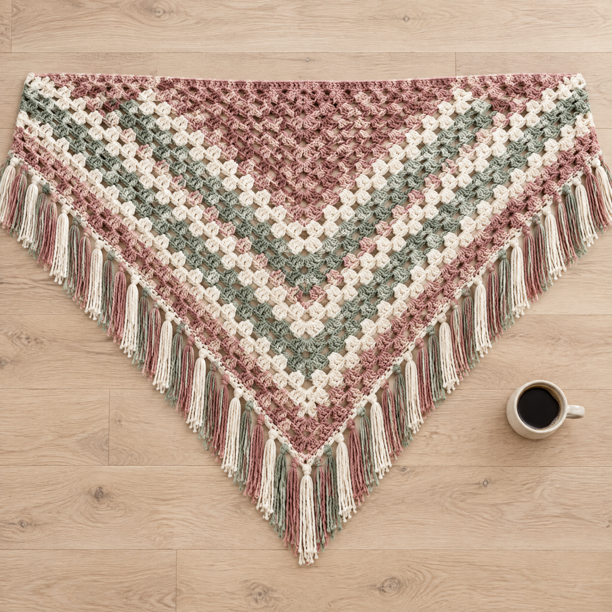 Meadow Bloom Crochet Shawl — size reference next to everyday objects