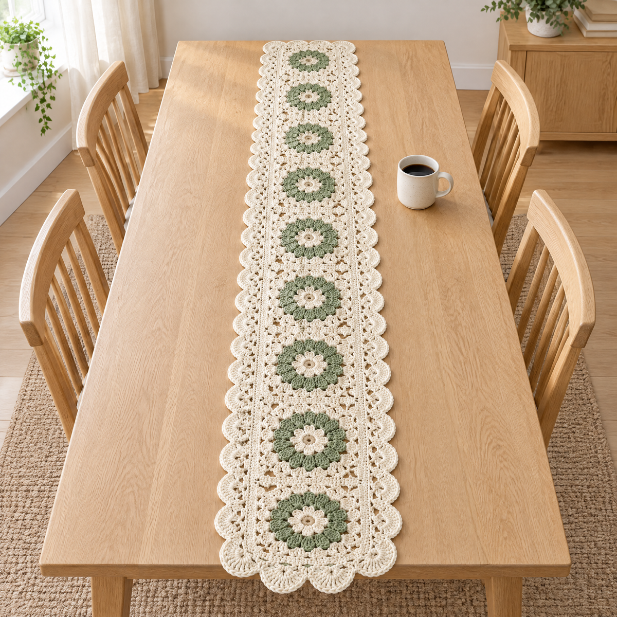 Rose Garden Table Runner crochet design shown next to everyday objects for scale