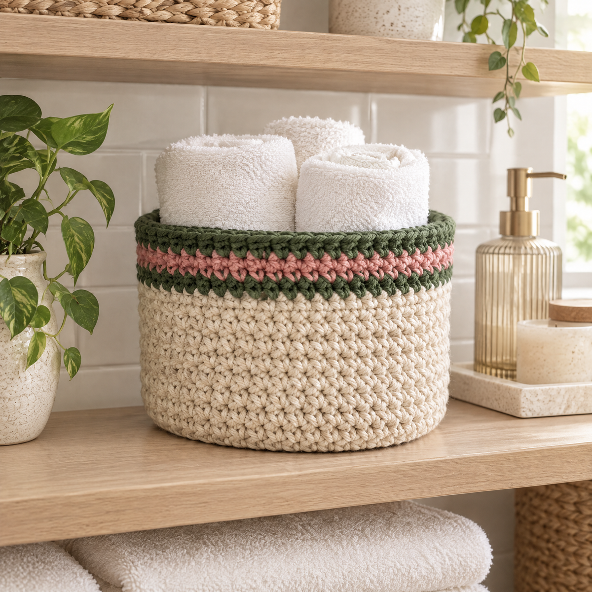 Clover Storage Basket crochet design styled at home