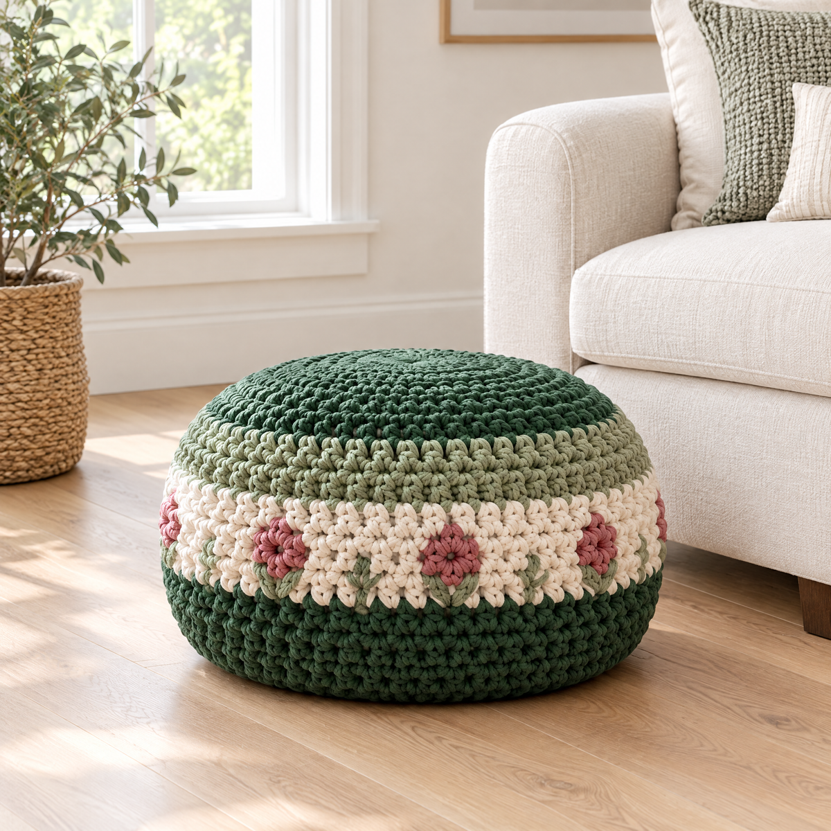 Forest Meadow Crochet Pouf — size reference next to everyday objects