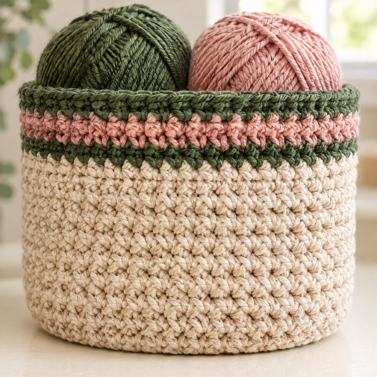 Close-up of the stitches in the Clover Storage Basket crochet design