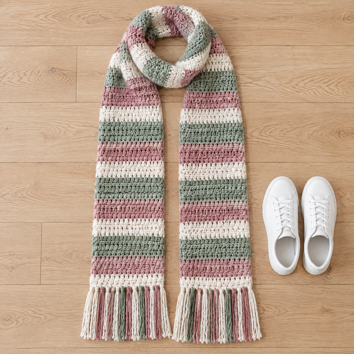 Rose Stripe Crochet Scarf — size reference next to everyday objects
