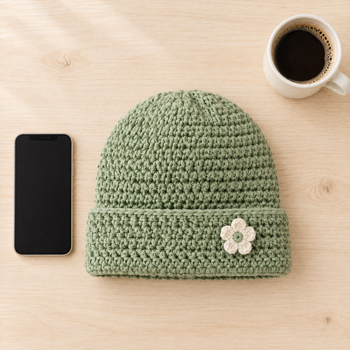 Sage Bloom Crochet Beanie — size reference next to everyday objects