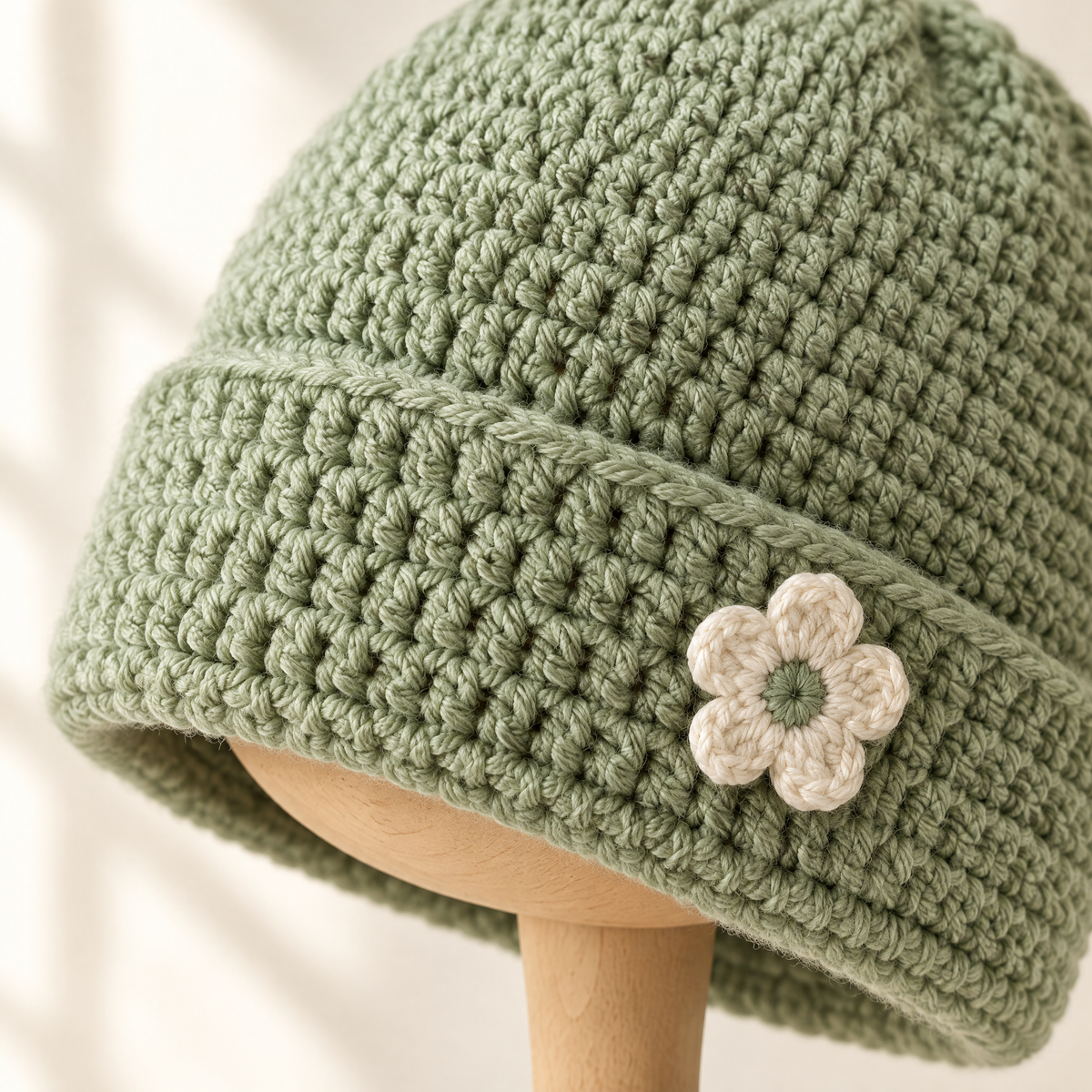 Close-up of the stitches in the Soft Moss Beanie crochet design