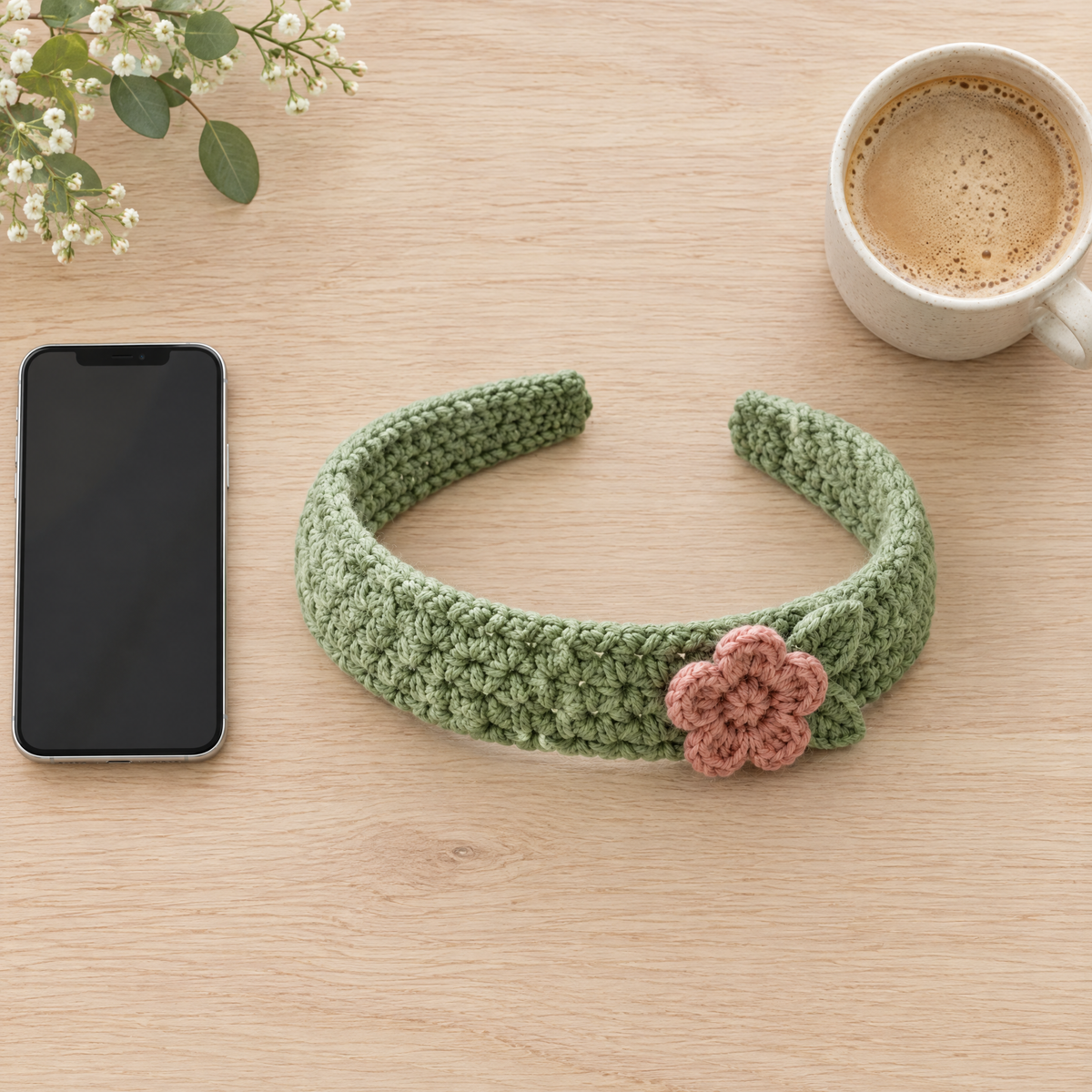 Garden Bloom Crochet Headband — size reference next to everyday objects