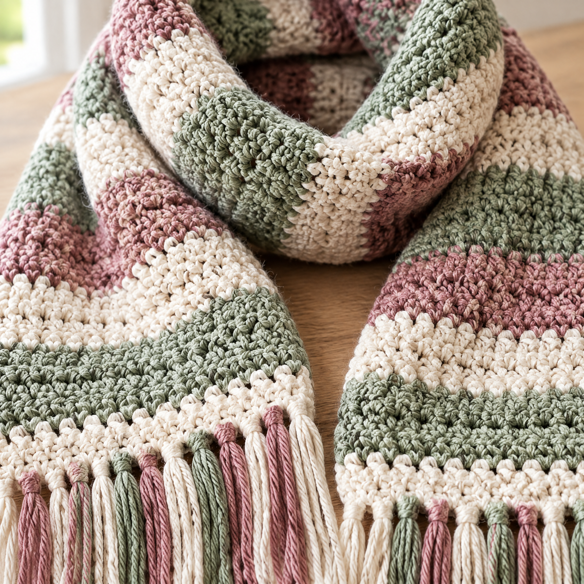 Close-up of the stitches in the Willow Pocket Scarf crochet design
