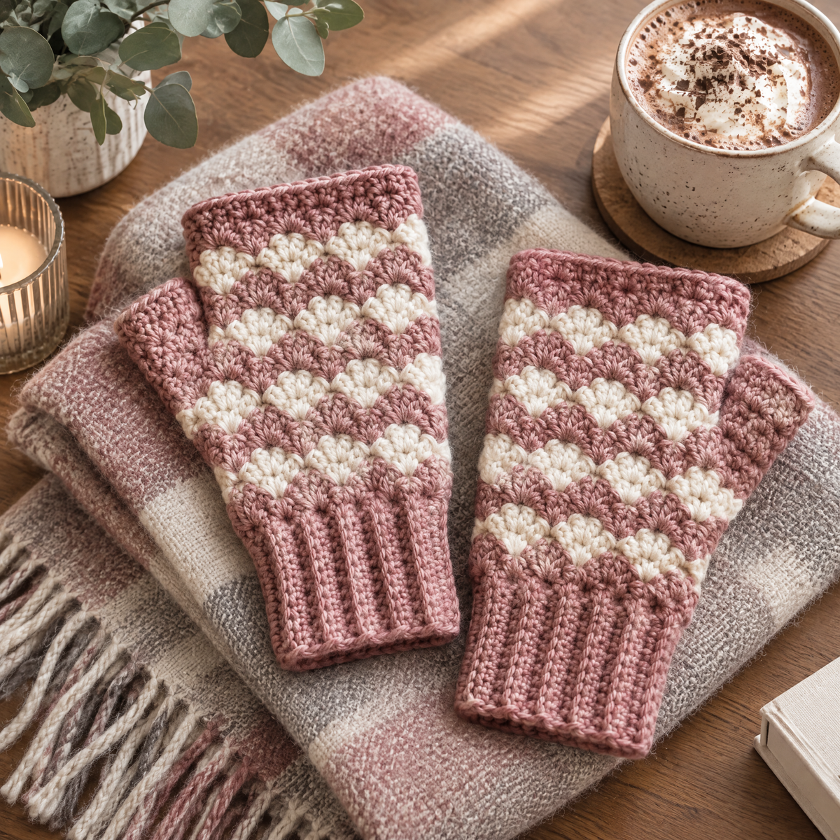 Rose & Cream Crochet Mittens — styled at home