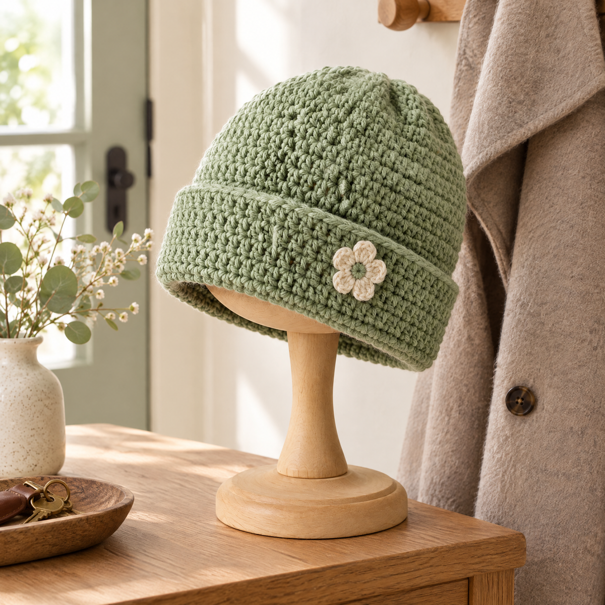 Sage Bloom Crochet Beanie — styled at home
