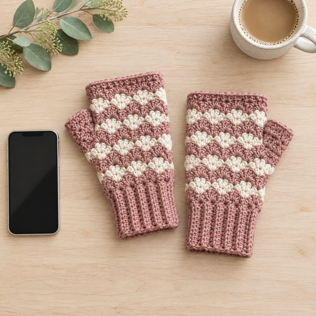 Rose & Cream Crochet Mittens — size reference next to everyday objects
