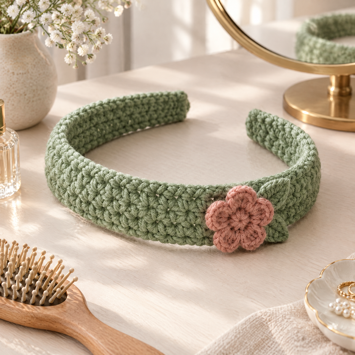 Garden Bloom Crochet Headband — styled at home
