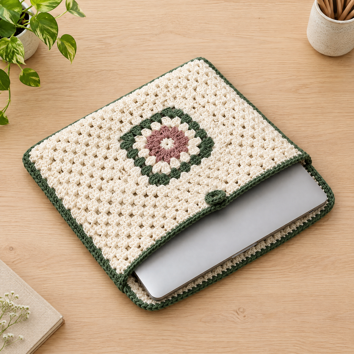 Floral Crochet Laptop Sleeve — size reference next to everyday objects