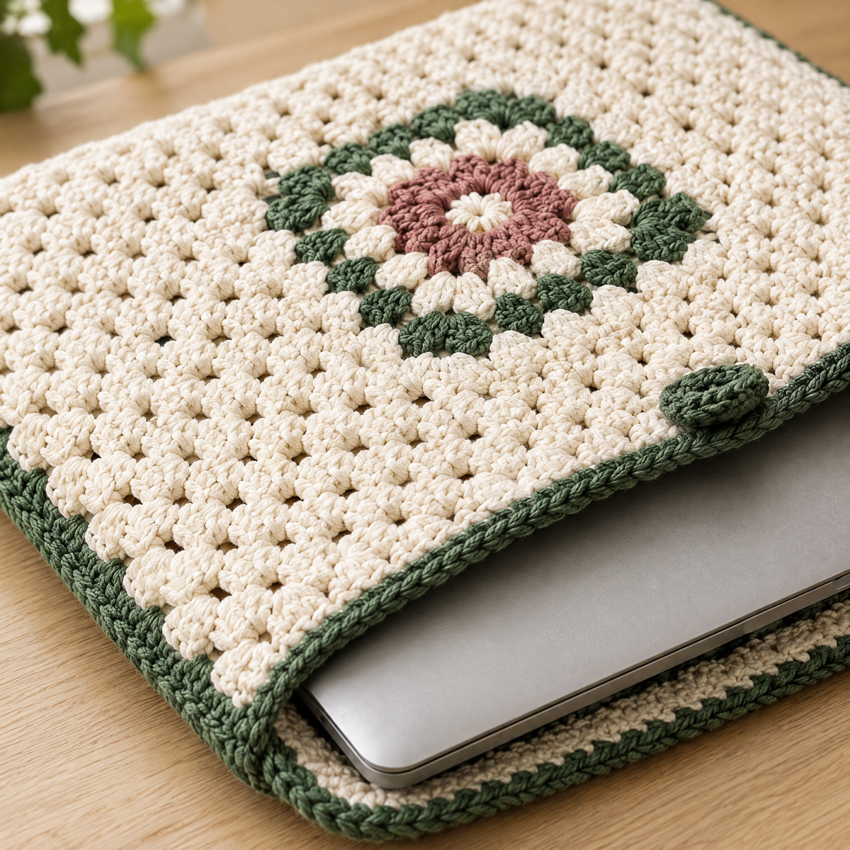 Floral Crochet Laptop Sleeve — close-up of the crochet stitches and texture