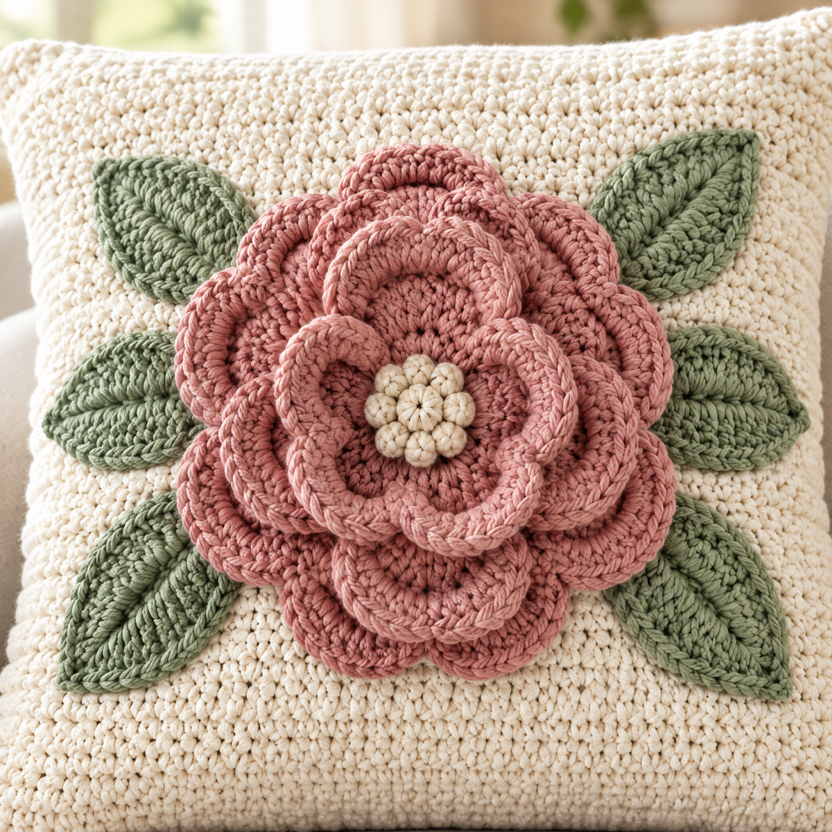 Close-up of the stitches in the Blossom Cushion Cover crochet design