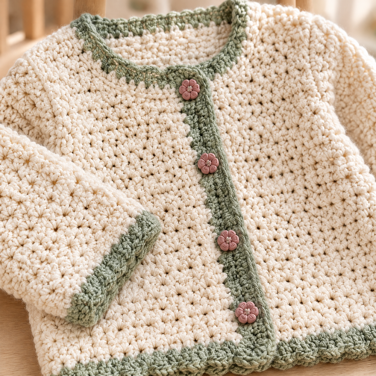 Sage Trim Crochet Baby Cardigan — close-up of the crochet stitches and texture