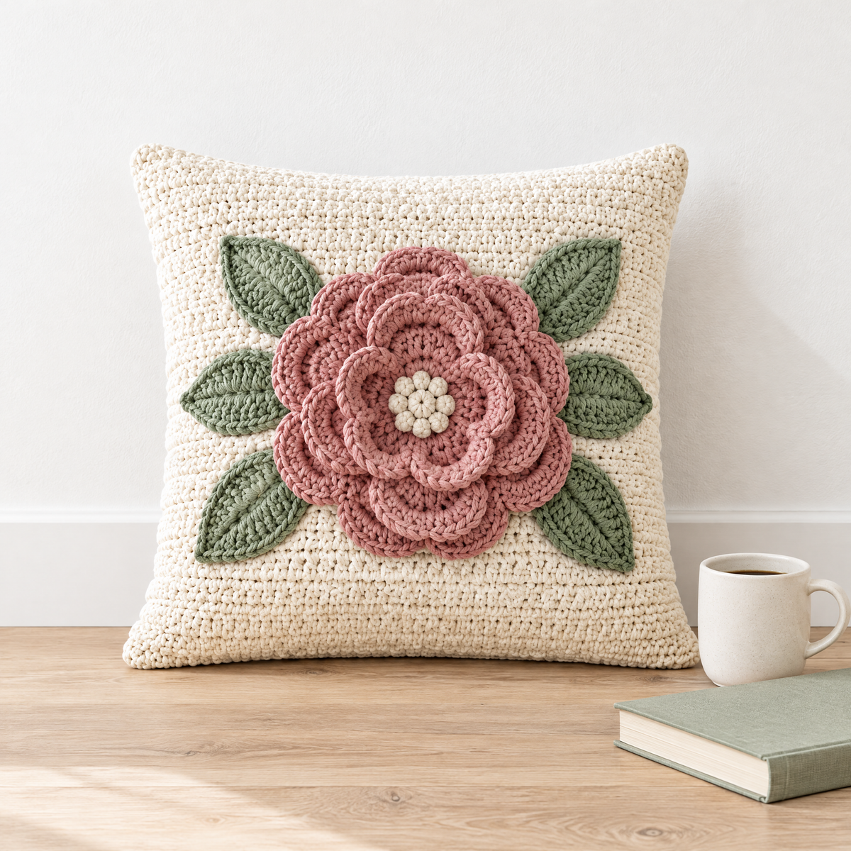 Blossom Cushion Cover crochet design shown next to everyday objects for scale