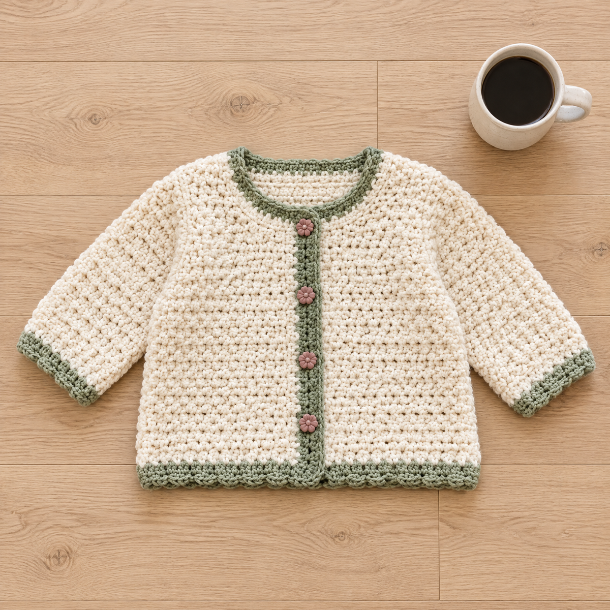 Sage Trim Crochet Baby Cardigan — size reference next to everyday objects