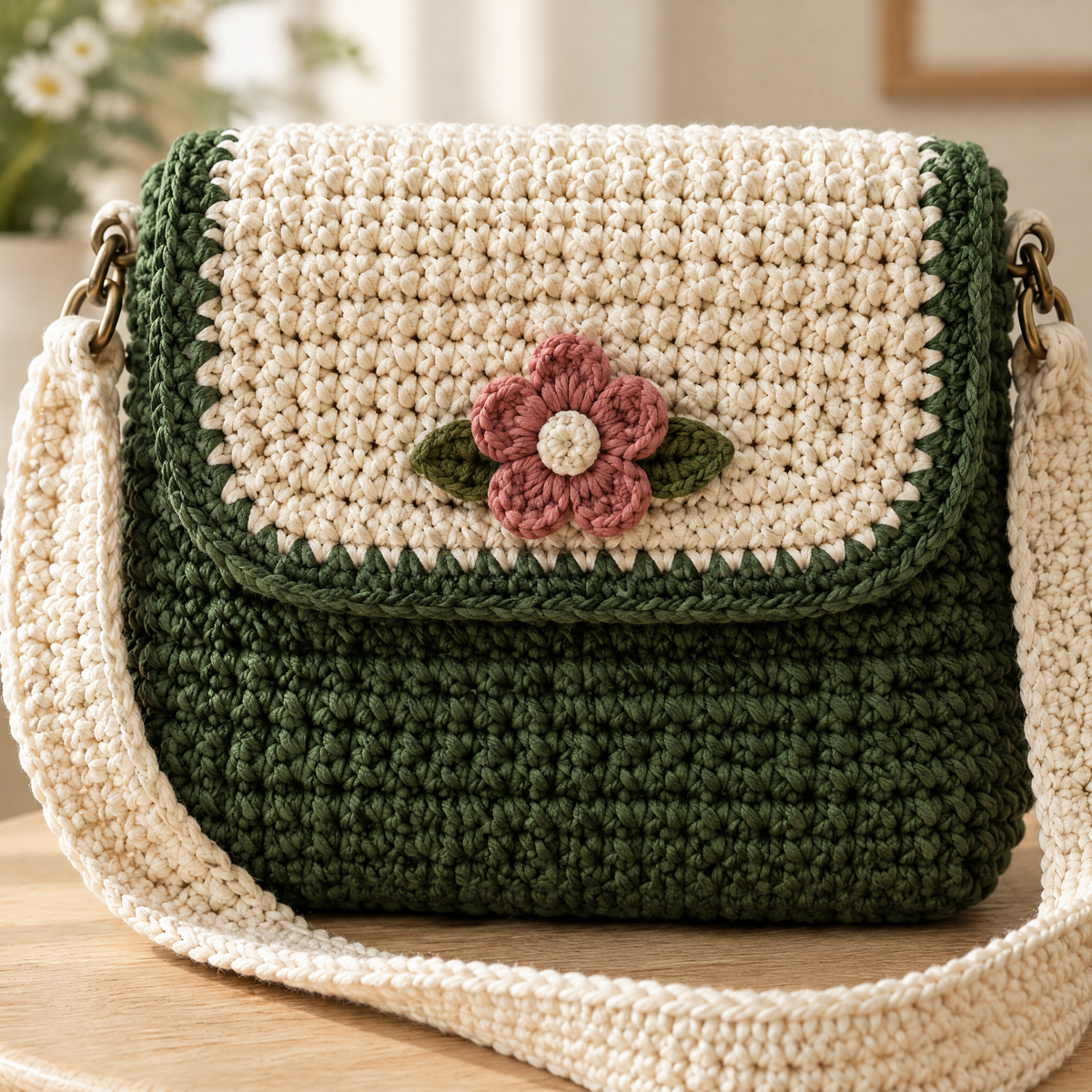Forest Flower Crochet Crossbody Bag — close-up of the crochet stitches and texture