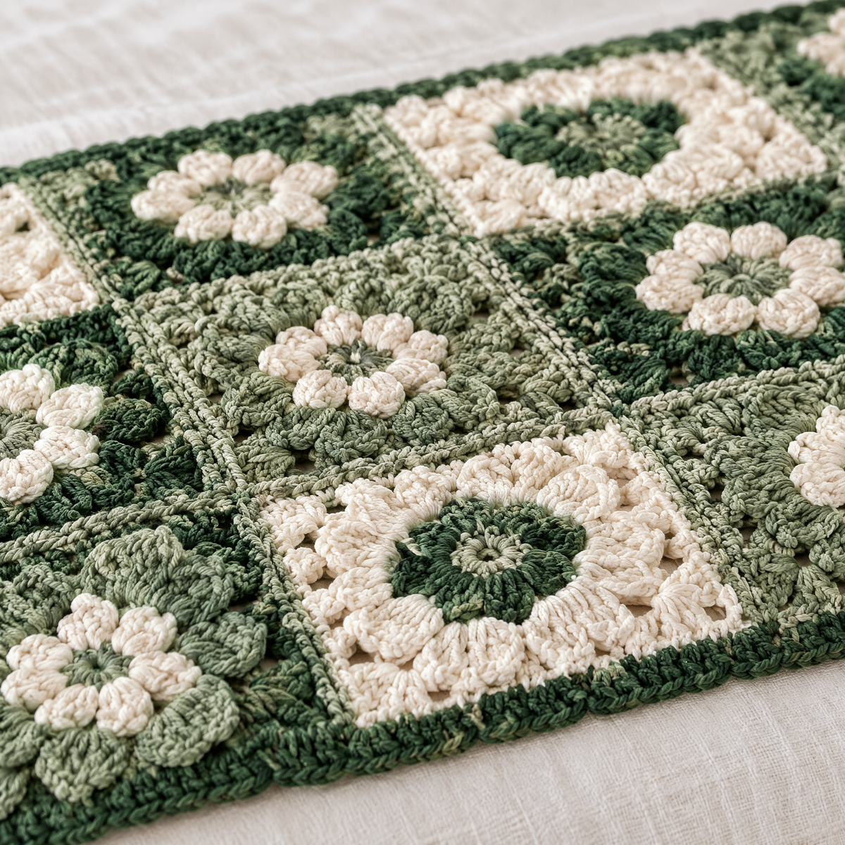 Forest Garden Crochet Bed Runner — close-up of the crochet stitches and texture