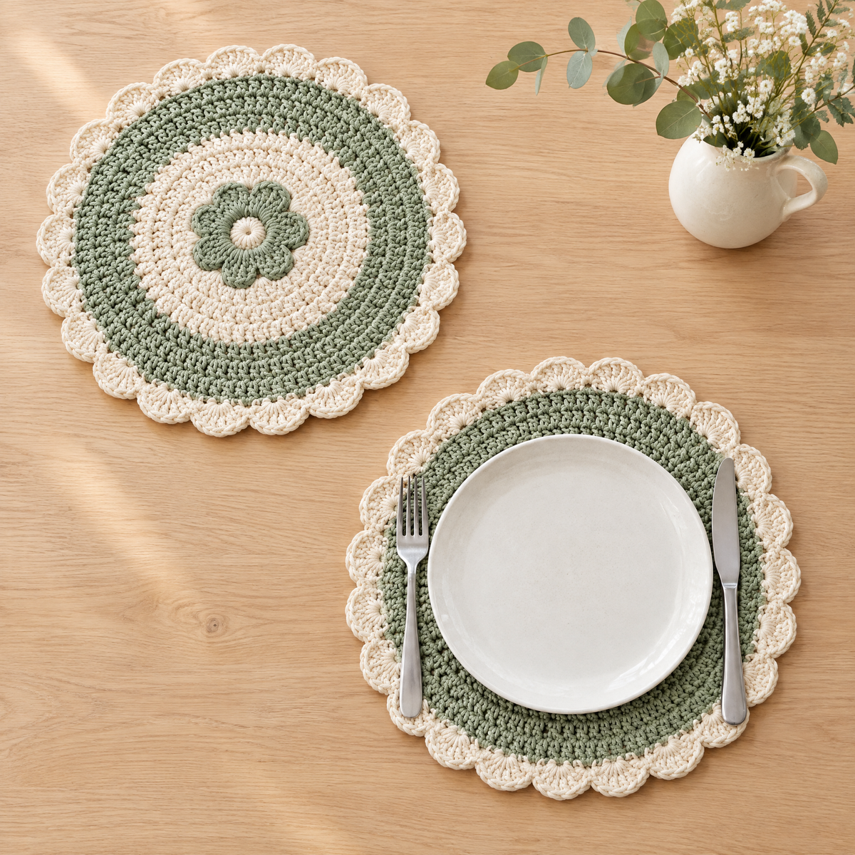 Petal Edge Placemat Pair crochet design shown next to everyday objects for scale