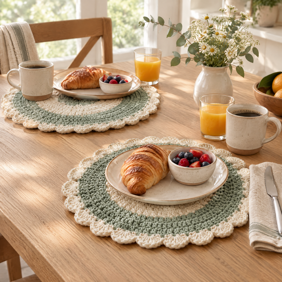 Petal Edge Placemat Pair crochet design styled at home
