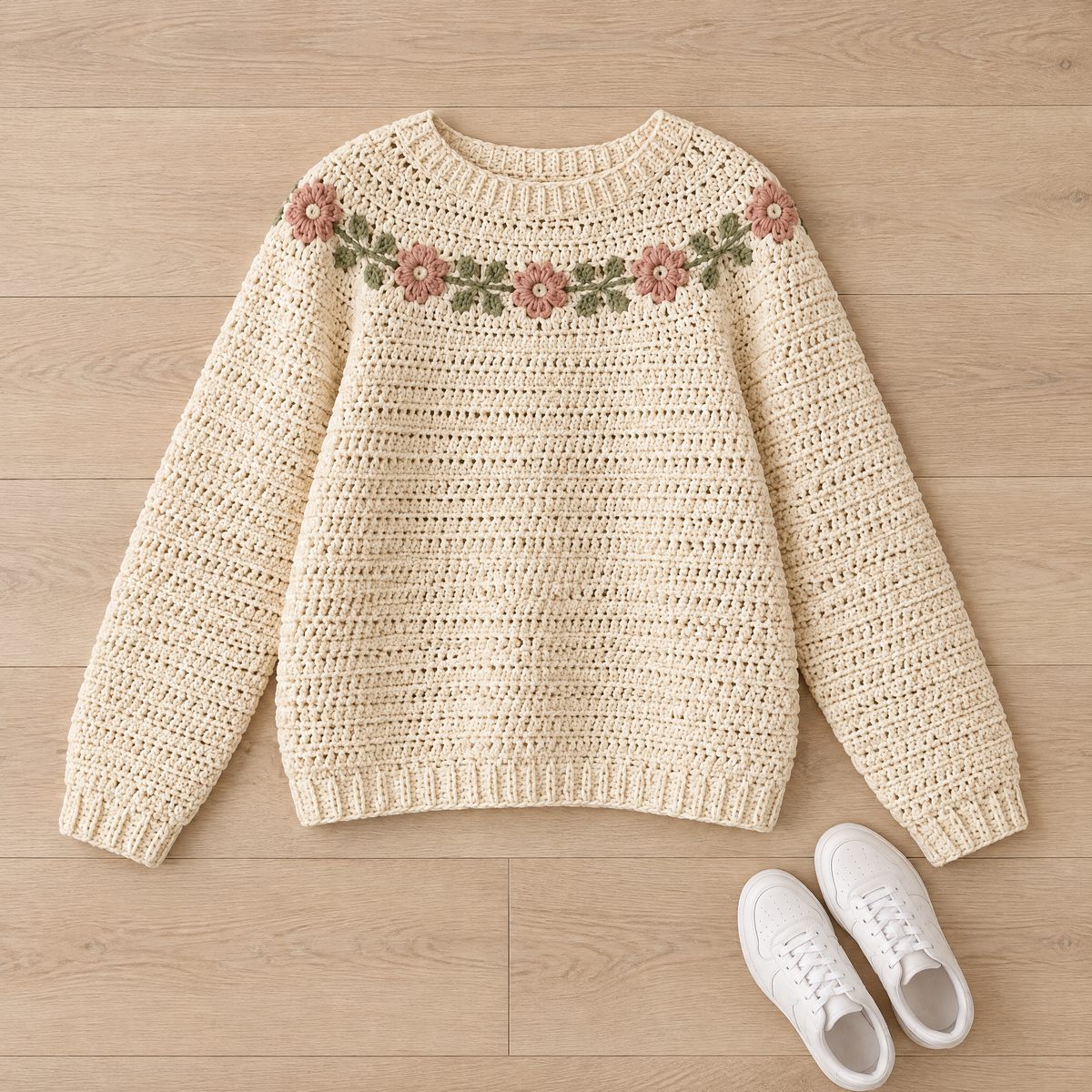 Daisy Field Crochet Pullover — size reference next to everyday objects
