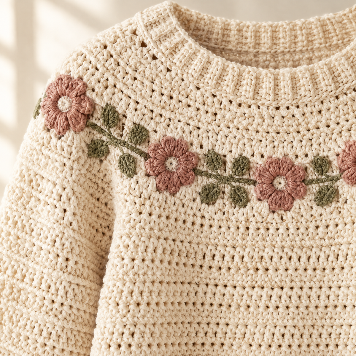 Daisy Field Crochet Pullover — close-up of the crochet stitches and texture