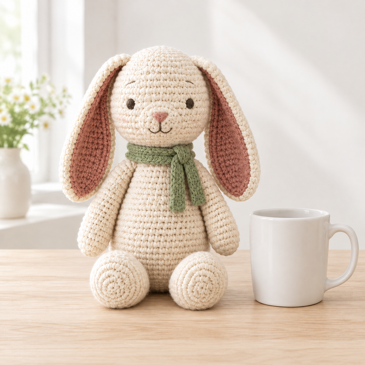 Little Daisy Crochet Bunny — size reference next to everyday objects