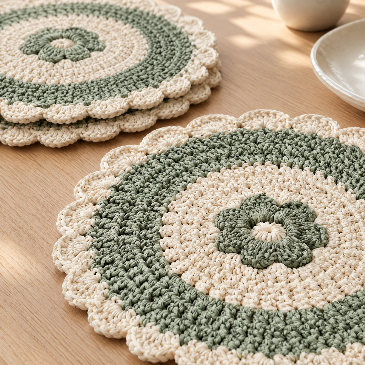 Close-up of the stitches in the Petal Edge Placemat Pair crochet design